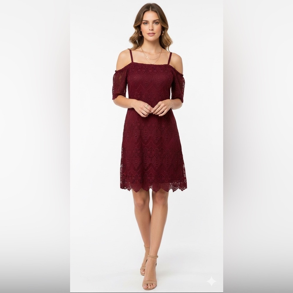 Burgundy Lace Cold Shoulder Dress PETITE Sz 10P Romantic Boho Classic Feminine